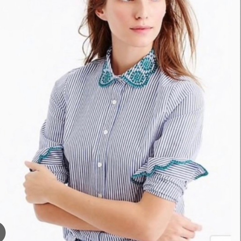J. Crew Blue Striped Button Down with Green Embroidery Detail. Size 8. NWT